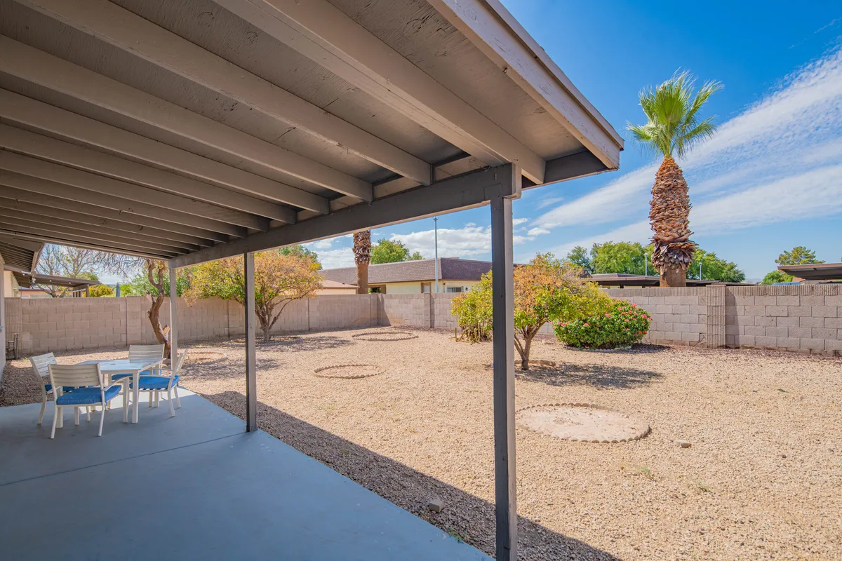 A tranquil exterior view highlighting a patio area surrounded by palm trees and a lush garden space. The scene suggests a private, secure backyard ideal for pets and outdoor relaxation. The patio offers seating and plenty of space for both people and pets to enjoy.